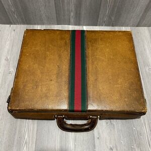 Vintage Gucci Brown Leather Briefcase Sherry Line Web Stripe Mens Attache Case